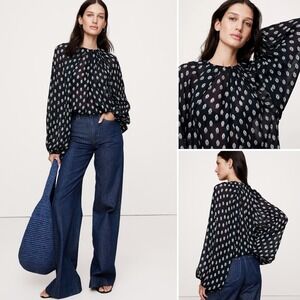 NWT Banana Republic Chiffon Twist Neck Top XXL Navy Blue Paisley Relaxed‎ Blouse